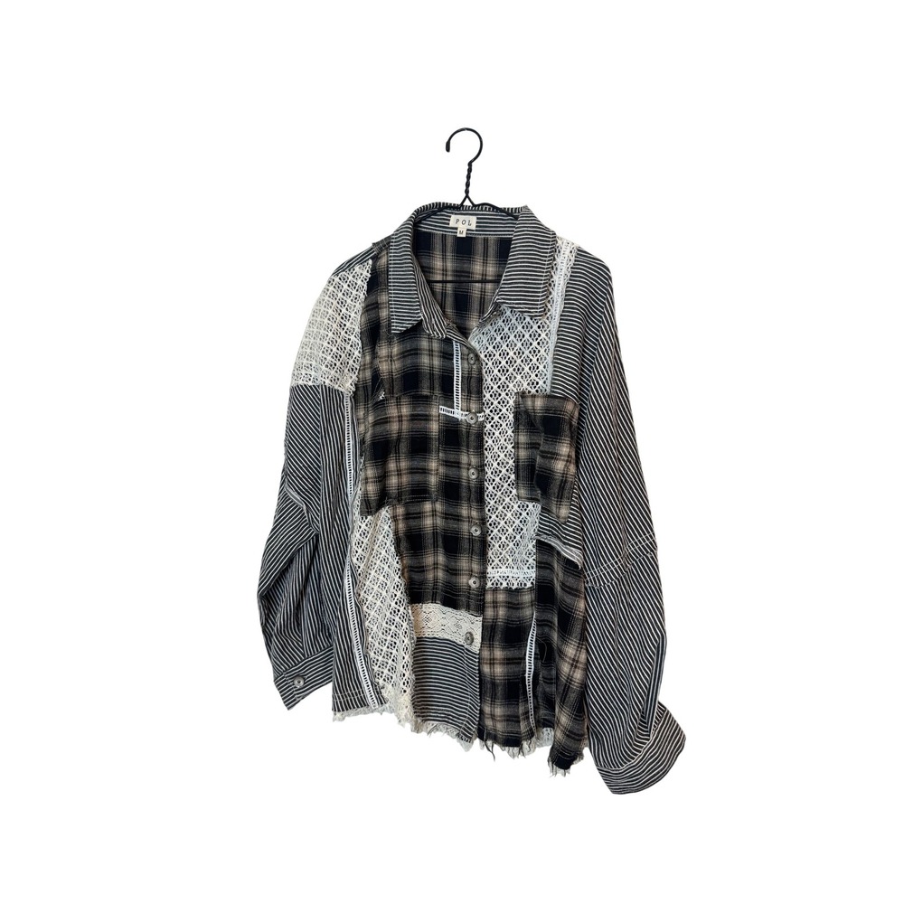 POL Shirt Womens Medium Multicolor Plaid Stripe Crochet Button Up Top Boho